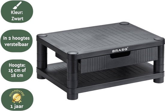 BRASQ Support de moniteur noir MS200 - Réglable en hauteur - Convient pour moniteur, tablette et smartphone 24x15x6,3 cm