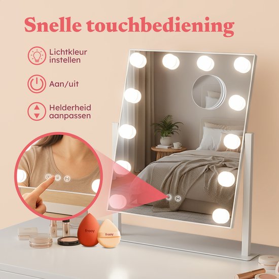 Fraay® Hollywood Mirror with Lighting 41x30cm - 3 Light Stages - Make-up Mirror with 10x Magnification Mirror - LED Lighting Dimmable - Incl. Beauty Blenders and Powder puff