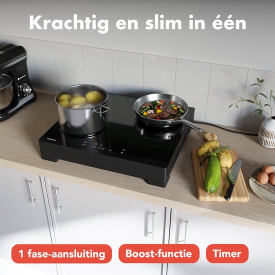 KitchenBrothers Table de cuisson à induction - Table de cuisson à induction autoportante - 60 cm - 4 zones - 1 phase - jusqu'à 2400W - noir