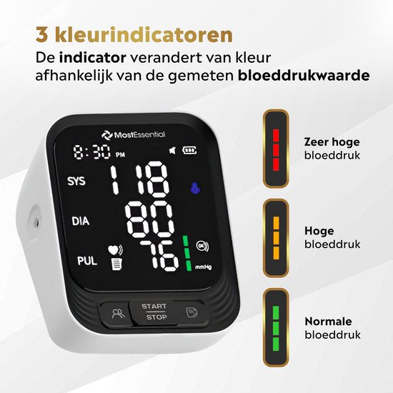 MostEssential Moniteur de pression artérielle au bras - Moniteur de fréquence cardiaque - Mémoire de 398 lectures - Câble USB-C inclus - 30S