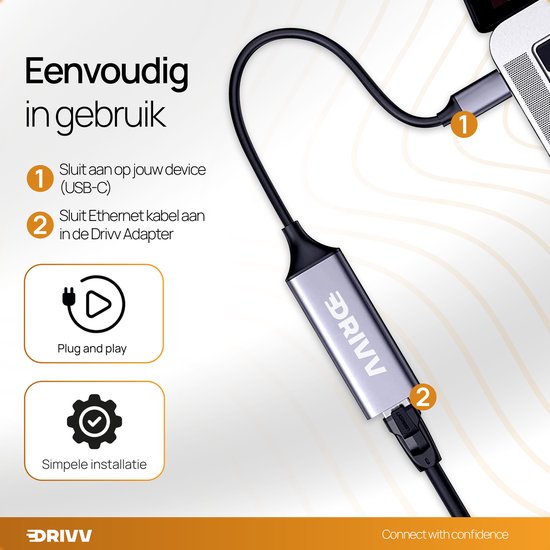 Drivv. Adaptateur USB-C vers Ethernet / Internet / Réseau - 10/100/1000 MBps - Gris