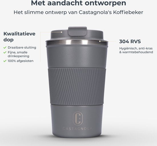 Castagnola Thermos Cup - Coffee Mug To Go - Travel Mug for Coffee and Tea - Tea Mug - 380 ML - stainless steel - Grey