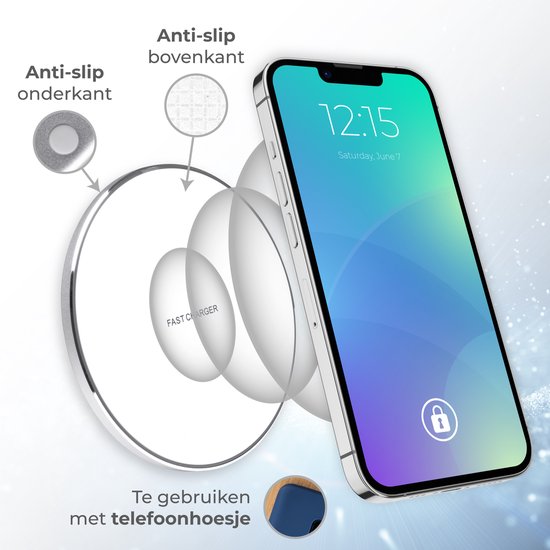 Nuvance - Chargeur sans fil 15W - Câble inclus - Chargeur sans fil - Chargeur rapide - Convient à tous les Smartphones Qi - Blanc et Argent