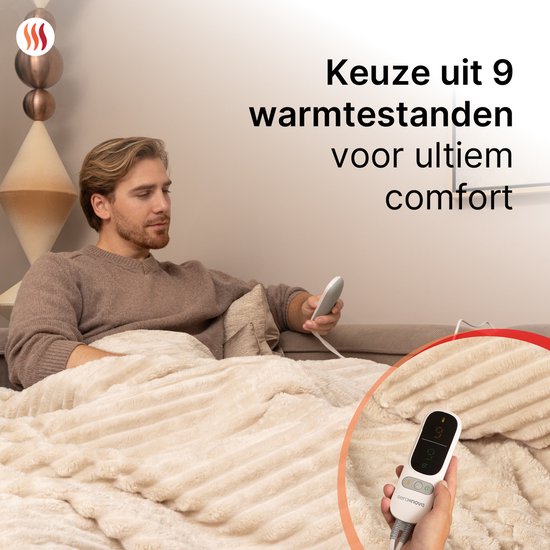 Seranova Couverture électrique XXL - Fils chauffants supplémentaires - Modèle rayé - 180x160 cm - Couverture chauffante pour 2 personnes - Polaire double face - Beige