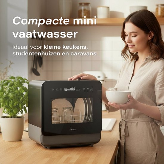 Skoov Mini lave-vaisselle avec réservoir d'eau PRO - 3 couverts - 6 programmes de lavage - Petit lave-vaisselle étroit à poser - Camping - Noir