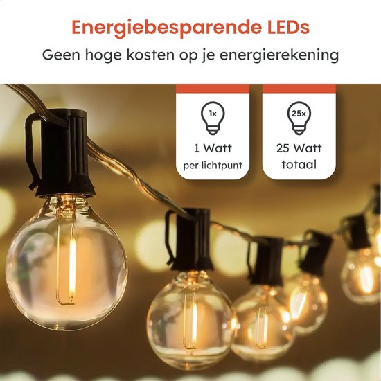 Partizzle Guirlande lumineuse étanche de 15m - Guirlande de 25 LEDs - Guirlande lumineuse de Noël pour l'extérieur, la terrasse et le camping - Lumières de Noël / Lumières de jardin - 2700k / Blanc chaud