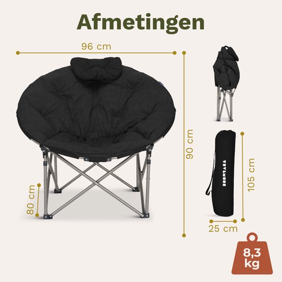 TRVLMORE Chaise de camping XL - pliable - capacité de charge de 150 kg - sac de transport inclus - chaise pliante - chaise de camping - chaise pliante - noir