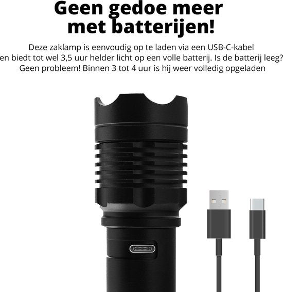 Lampe de poche LED rechargeable FlinQ - Lampe de poche militaire rechargeable - Visibilité jusqu'à 1200 mètres - Design en aluminium résistant aux éclaboussures - Lampes de poche pour kit d'urgence - Noir