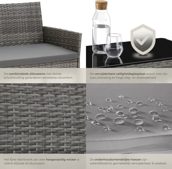 tectake® - Ensemble de jardin en osier Palese - Groupe de sièges pour 4 personnes - Ensemble de meubles de jardin avec banc de salon, table de jardin et 2 chaises de jardin, y compris les coussins d'assise - Meubles de jardin - Résistant à l'eau - Gris