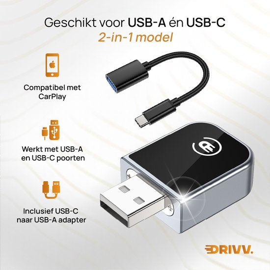 Drivv. Dongle CarPlay 2-en-1 - Connexion USB-C et USB-A - CarPlay sans fil - Noir