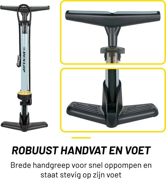 Pompe à vélo Dunlop avec manomètre - Pompe à vélo pour valve Dunlop, Schrader et française - Pompe sur pied avec adaptateurs pour jouets aquatiques et balles