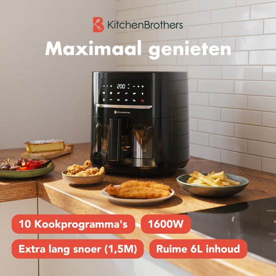 KitchenBrothers Airfryer XL - 6L - 1600W - Friteuse à air chaud - 50ºC à 200ºC - 10 programmes de cuisson - Noir