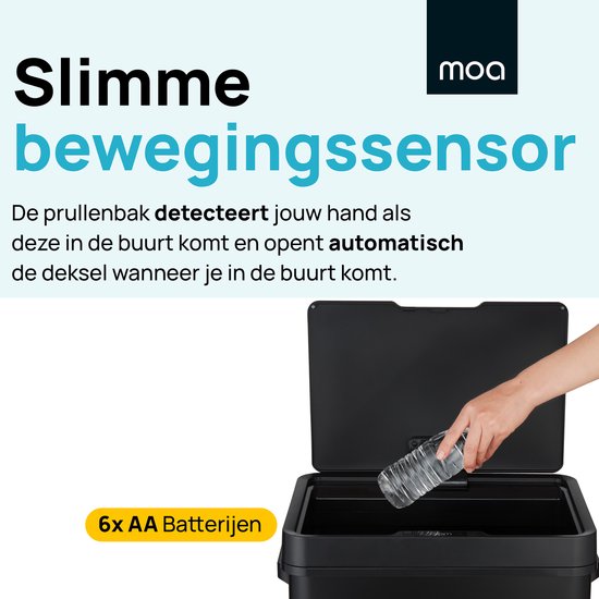MOA Poubelle avec capteur - 68 litres - Poubelle - Acier inoxydable et ABS durable - Antidérapant - Couvercle silencieux - Mode de fermeture différée - Noir - SB03B
