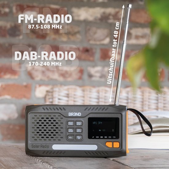 BREND BR-2244 Radio d'urgence avec DAB et FM - Haut-parleur Bluetooth - Alarme SOS - Powerbank - Torche LED - USB-C - Rechargeable avec panneau solaire et manivelle