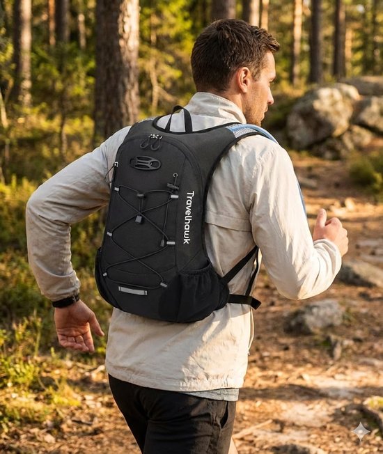Travelhawk Sac à dos pour boire - Sac à dos de course à pied - Convient aux sacs à eau de 2L - Hydrofuge, léger, réfléchissant - 12L - Noir