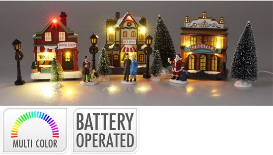 Ensemble de maisons du village de Noël - avec accessoires - 14 pièces - avec LED - RGB - batterie
