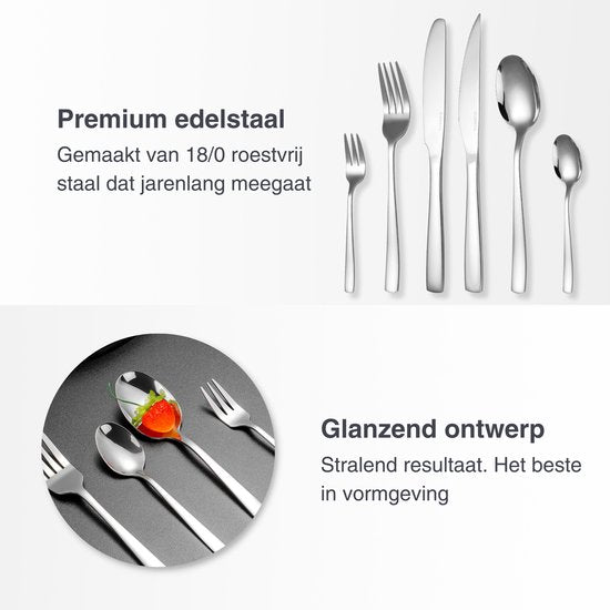 Deleca 8 Person Cutlery Set Essential (48 pieces) - Spoons, Knives, Forks, Steak Knives & Pastry Forks - Dishher Safe Cutlery - Shiny Silver / Stainless Steel