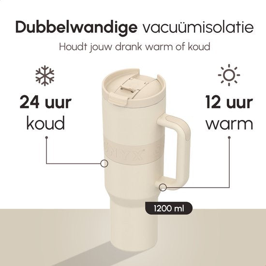 ONYX Bouteille à boire avec paille 1,2 litre - Bouteille d'eau pour enfants et adultes - Tasse thermos - Tasse de voyage - Boire pour la motivation - Tasse à boire pour l'école - Beige