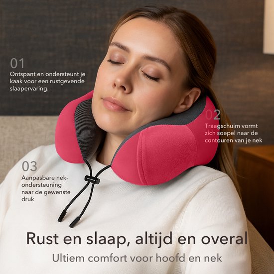 SKYCASES Travel Essentials - Ensemble d'oreillers de cou 3 pièces - Oreiller de voyage ergonomique en mousse à mémoire de forme avec masque pour les yeux et bouchons d'oreille - Idéal pour l'avion, la voiture et le train - Compact et luxueux - Rouge
