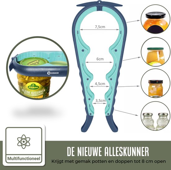 COOCK - Ouvre-tout - Ouvre-pot 7-en-1 - Aides de cuisine - Ouvre-bouteille - Ouvre-bière - Ouvre-couvercle XL pour bocaux - Ouvre-bocal - Aides pour les personnes âgées - Bleu