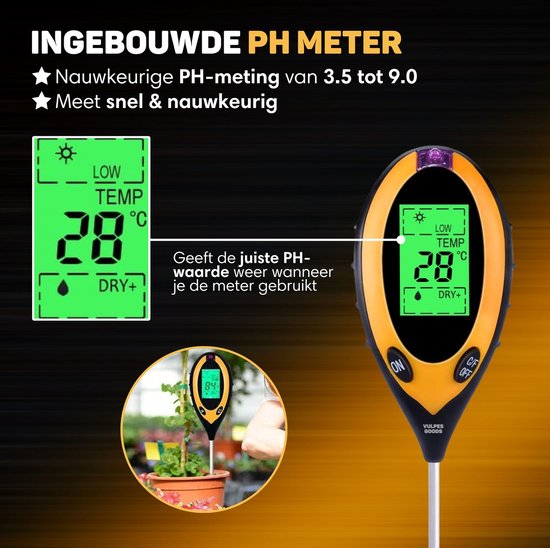Vulpes Goods® Humidimètre pour plantes - 4 en 1 - hygromètre - intérieur et extérieur - hygromètre pour plantes d'intérieur - - pH, photomètre, thermomètre et humidimètre - Humidimètre pour sol - Version PRO - Batterie incluse