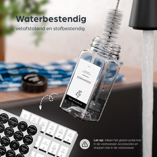 Organess 28 pots à épices en verre carrés avec couvercle noir - 3 types de couvercles à saupoudrer - Spice Spreader - pots à épices - set complet avec stickers à épices, stick à craie et accessoires - 120ml