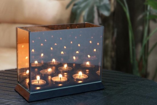 Liva Living - Porte-lumière d'ambiance Magic Cube - 3 bougies & 20 x 9 x 15 cm - avec miroir teinté et effet de réflexion infini - pour l'intérieur et l'extérieur - verre noir et Mdf