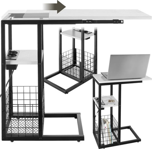 tectake® Table pour ordinateur portable avec station de charge - Prise de courant incluse - Table pour ordinateur en forme de C - Table d'appoint - Table de chevet - Avec porte-journaux et étagère supplémentaire - Blanc