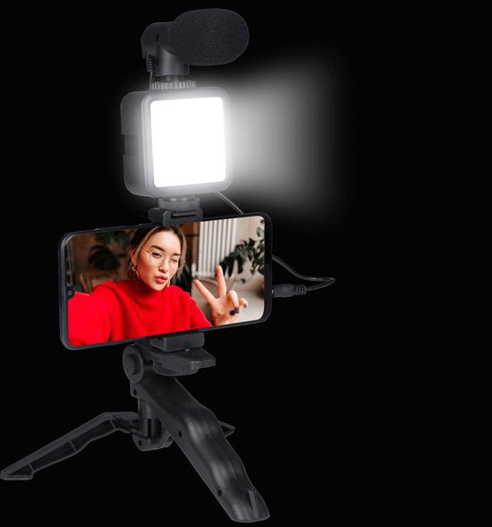 Grundig Phone Tripod with Lamp - Trépied pour téléphone avec microphone - LED avec 3 réglages de couleur - téléphones 53 à 84MM - Table Top et Selfie Stick - Plastique - Noir