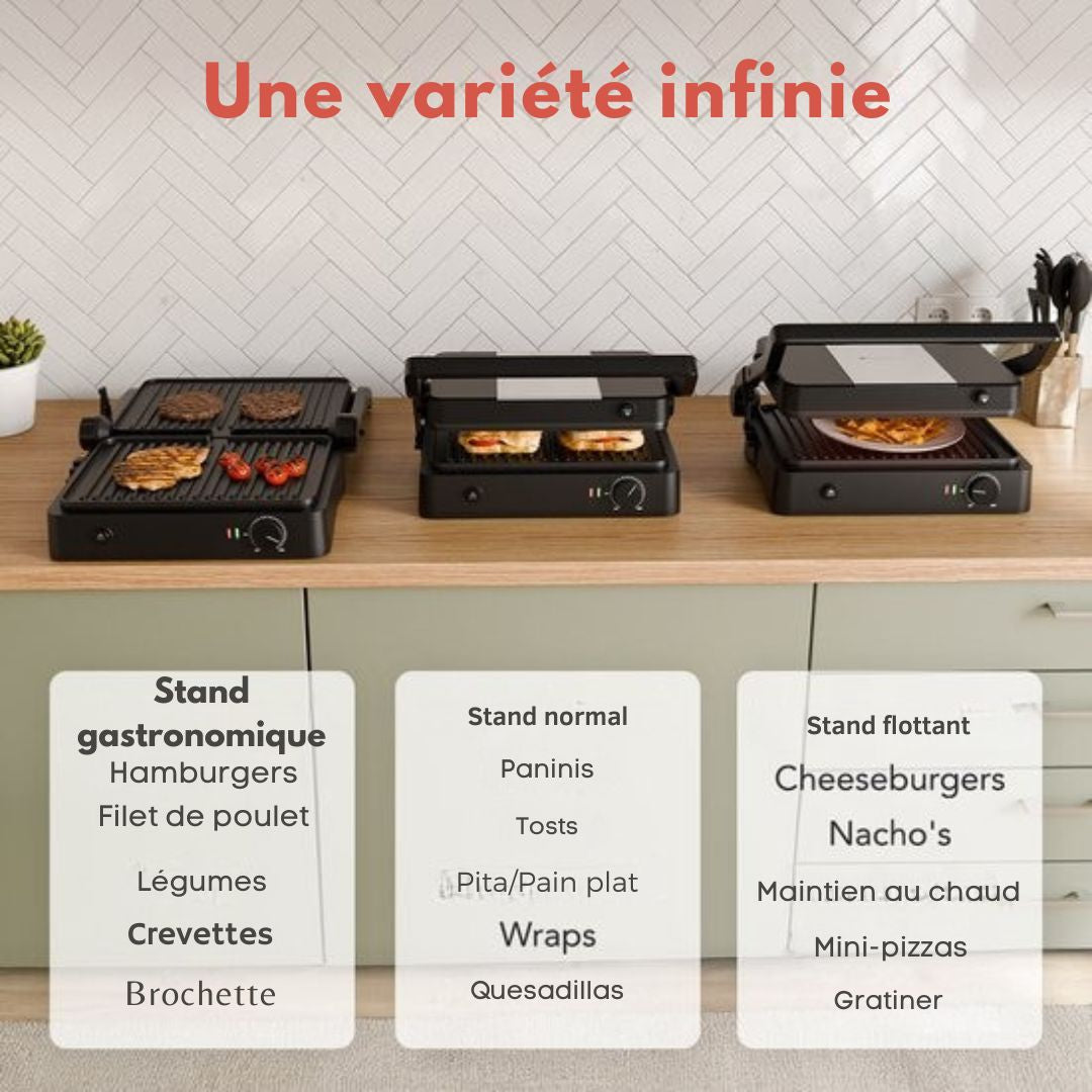 Appareil à griller KitchenBrothers - Plaques de gril amovibles - Gril à panini - 3 réglages de hauteur - Fer à toasti - 2000W - Noir
