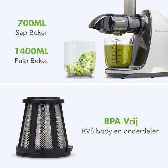 KitchenBrothers Slowjuicer - Presse-agrumes - Presse-légumes et fruits - 700ml - Avec réservoir de pulpe - Extracteur de jus - Blanc perle