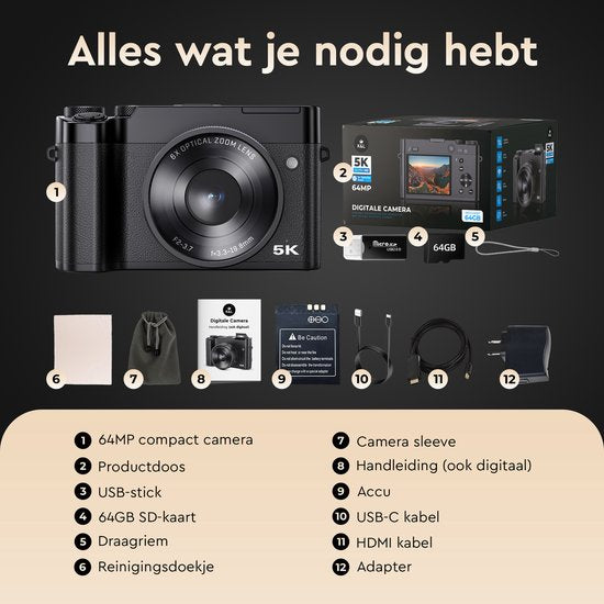 K&L Appareil photo numérique 5K - 64MP - Zoom optique 6X - Appareil photo - Caméra compacte - Caméra Vlog - Idéal pour les débutants - 64GB inclus - NL Software