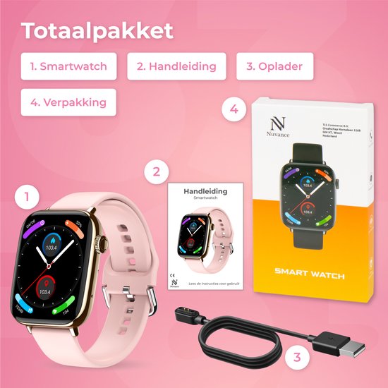 Nuvance - Smartwatch Hommes et Femmes avec Bluetooth - IP68 Waterproof - Convient à tous les Smartphones - Podomètre et moniteur de fréquence cardiaque - Or