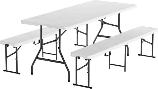 LifeGoods Set de pique-nique pliable - 180cm x 74cm - Table de jardin avec 2 bancs - Résistant aux intempéries - Table de camping - Table à bière pliable - Pour l'intérieur et l'extérieur - Pour 6 à 8 personnes - Blanc