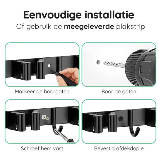 Porte balai Volcan - Système de suspension pour balai Outils de jardin - Porte-outils - Ruban adhésif 3M - 7 porte-balais 8 crochets - Acier inoxydable noir