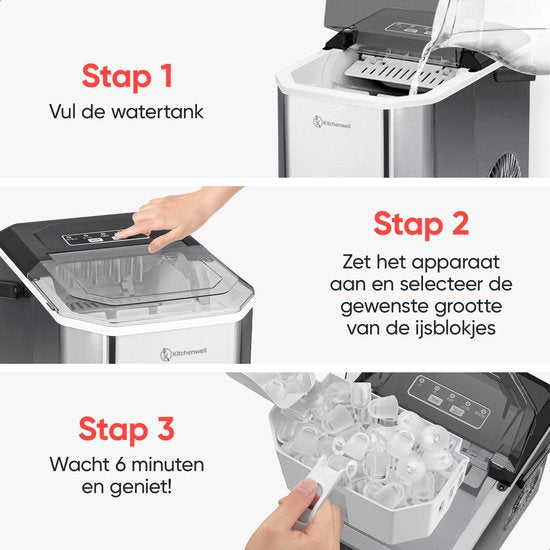 Kitchenwell Machine à glaçons - 1.3L - Machine à glaçons - Cuillère à glaçons - 12kg/24 heures - Portable - Fonction auto-nettoyante - acier inoxydable