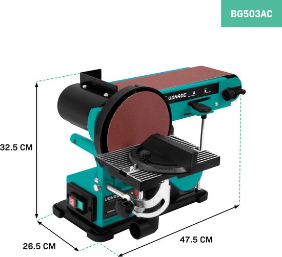 VONROC Ponceuse à bande et à disque 350W - Inclut 2x bande abrasive 100 x 915 mm (P80 & P120) et 2x disque abrasif Ø150 mm (P80 & P120)