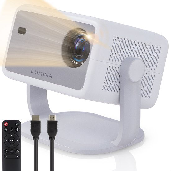 Lumina® Stellar Beamer 2025 - 4K Ultra HD - Écran et redressement automatique - Projecteur Smart TV tout-en-un - Pour iOS et Android - Blanc