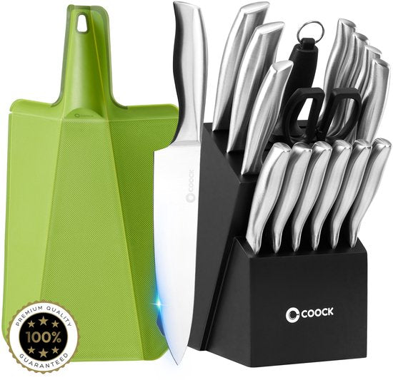 COOCK - Set de couteaux avec bloc et planche à découper pliante - Couteaux de cuisine avec ciseaux et acier d'affûtage (aiguiseur de couteaux) - Set d'ustensiles de cuisine 17 pièces dans un bloc à couteaux - Avec revêtement résistant aux rayures - Entièr