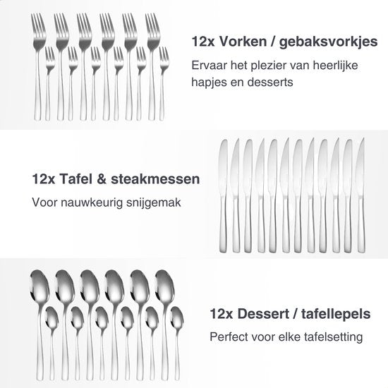Deleca 12 Person Cutlery Set Essential (72 pieces) - Spoons, Knives, Forks, Steak Knives & Pastry Forks - Dishher safe Cutlery - Shiny Silver / Stainless Steel