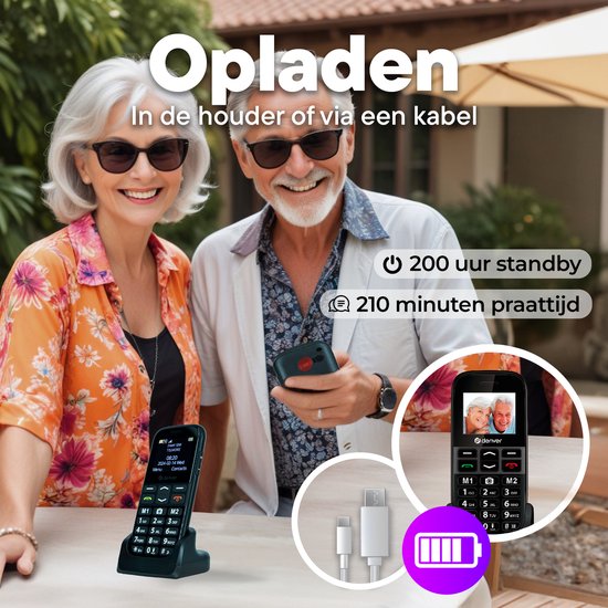 Denver Seniors Mobile Phone 4G - Grandes touches - Bouton SOS - Support de charge - GSM - Simlock-free - Bluetooth - BAS18600L