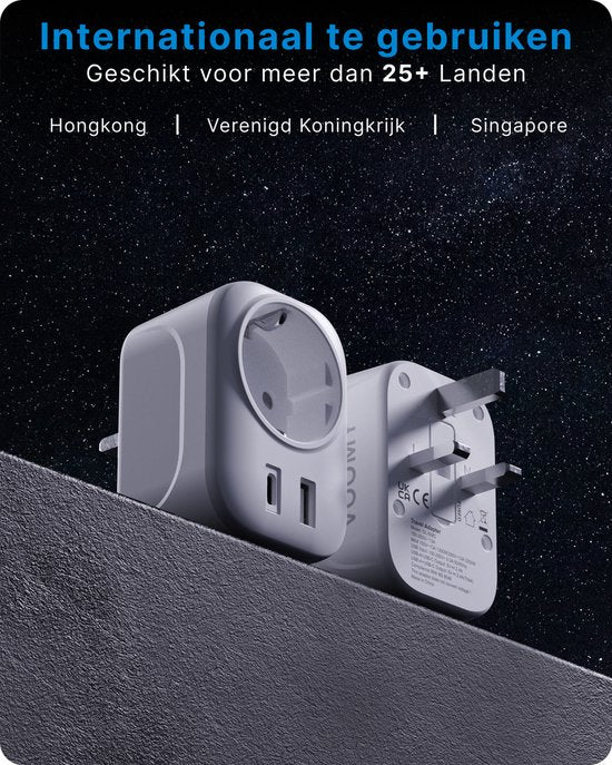 Voomy Travel plug UK/UK - USB-C & USB-A - Prise mondiale de type G - Blanc