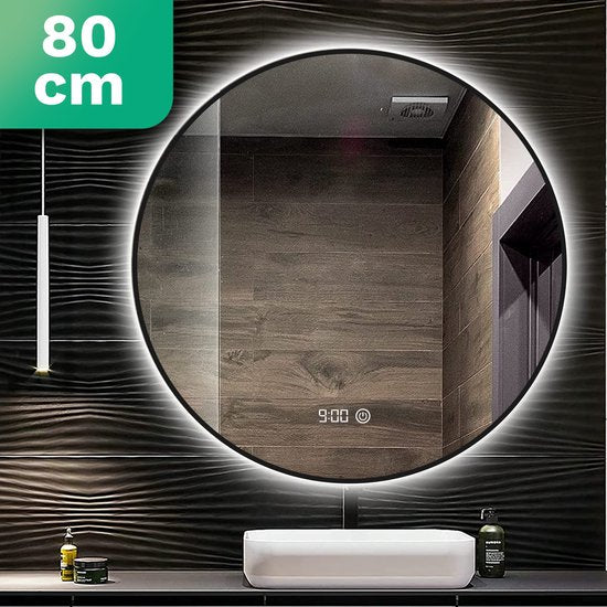 Mirlux Miroir de salle de bain - Eclairage et chauffage LED - Anti condensation - Miroir mural rond - Noir mat - 80CM