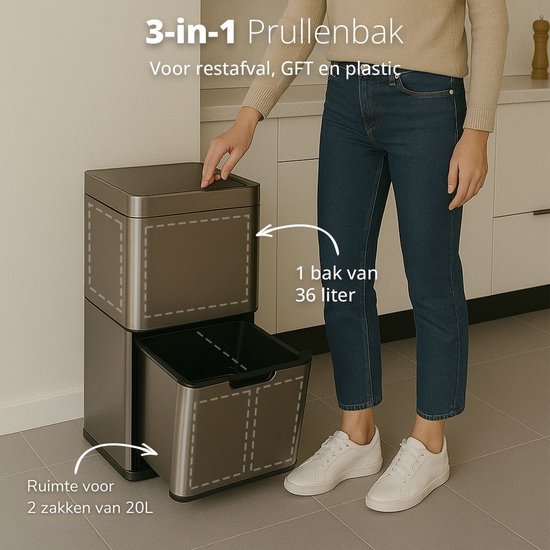 FlinQ Senzaro - 60L Trash Bin Waste Separation - Poubelle - Poubelle de tri - Poubelle - Détecteur de mouvement - Inox
