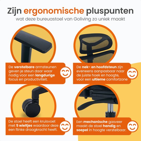 Goliving Ergonomic Office Chair - Chaise de bureau - Avec appui-tête - Chaise de bureau - Réglable - Gaming - Pour adultes - NEN-1335 - Noir