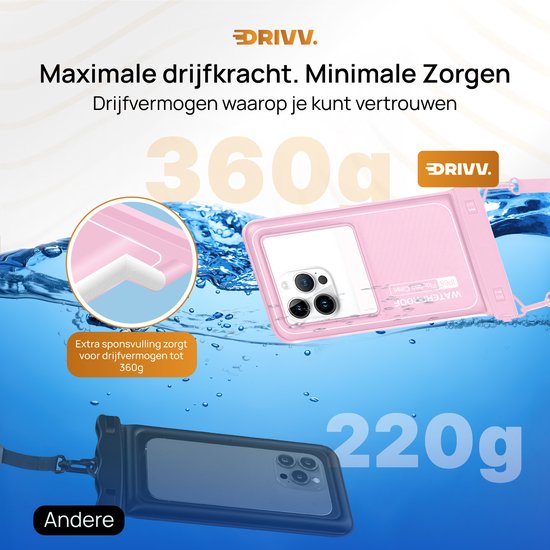 Drivv. Étui de luxe pour téléphone portable étanche - flottant - fermeture à double clip - jusqu'à 6,8 pouces - étui pour téléphone portable sous-marin - rose