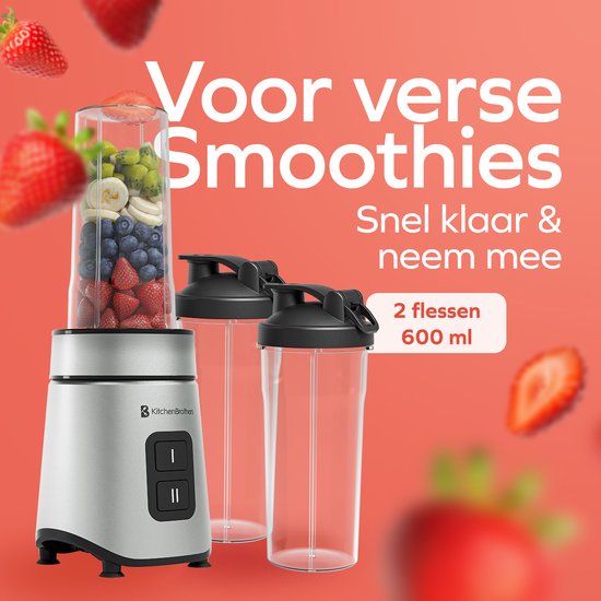 KitchenBrothers Mini Blender - Blender to Go - 2 Stands - Smoothie Maker - 2 To-Go Cups 600 ml - Noir
