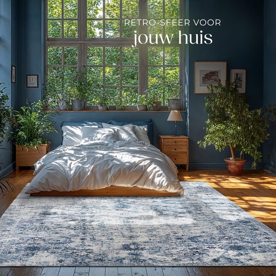 tectake® Tapis au design vintage - Tapis à poils ras - Tapis Boho - Pour le salon, la chambre à coucher, la chambre d'enfant ou d'adolescent - Lavable - 240cm x 340cm - bleu