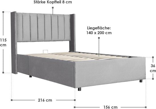Lit capitonné Savona - 200 x 140 cm - Gris clair - Tiroir de lit inclus