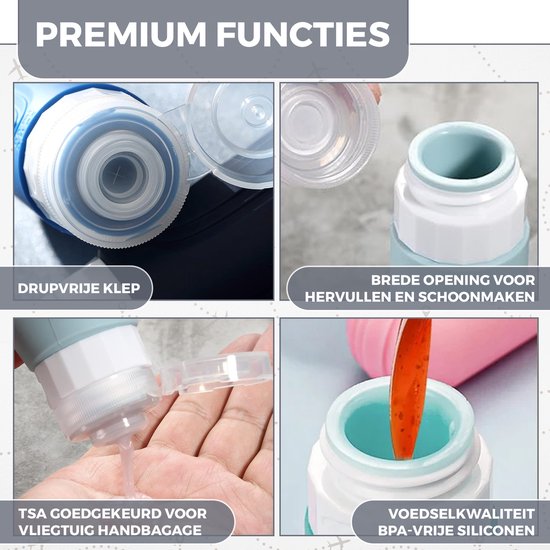 EverNeeds Bouteilles de voyage avec étui - rechargeables - Bouteilles de voyage en silicone pour bagages à main - gris - 4 pièces